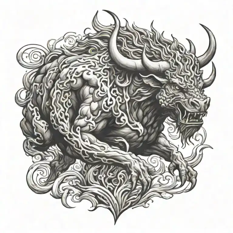 phoenix volcano lava river devil on a muscular bull tattoo design idea