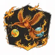 phoenix 3 quarter view in attack position holding the planet in flames and lava in its talons tattoo design idea