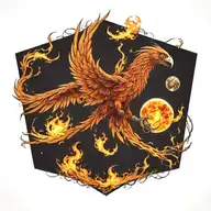 phoenix 3 quarter view in attack position holding the planet in flames and lava in its talons tattoo design idea