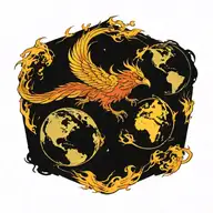 phoenix 3 quarter view in attack position holding the planet in flames and lava in its talons tattoo design idea