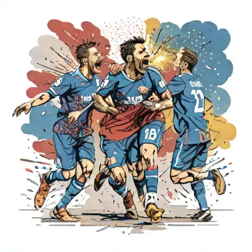 A dynamic scene of FCSB players celebrating a goal with fireworks in the background tattoo design idea