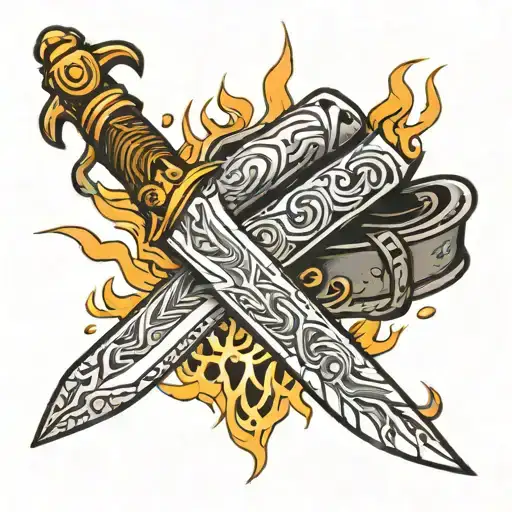 Bowie Knife surrounded by fire tattoo design idea