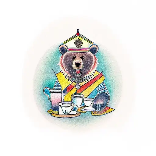 A traditional style tattoo of a bear sitting at a coffee shop table with a guitar tattoo design idea