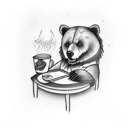 A traditional style tattoo of a bear sitting at a coffee shop table with a guitar tattoo design idea