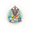 A traditional style tattoo of a bear sitting at a coffee shop table with a guitar tattoo design idea