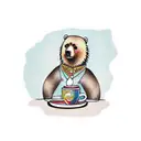 A traditional style tattoo of a bear sitting at a coffee shop table with a guitar tattoo design idea