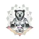 A traditional style tattoo of a bear sitting at a coffee shop table with a guitar tattoo design idea