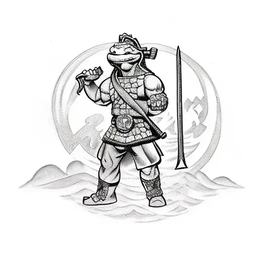 Firefighter wielding a katana with Viking runes and Teenage Mutant Hero Turtles surrounding him tattoo design idea