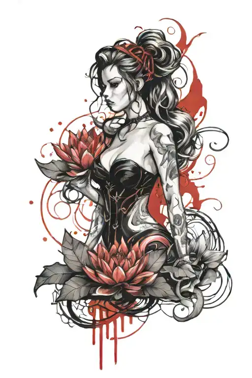 beautiful evil siren guarding treasure with black lotus  tattoo design idea