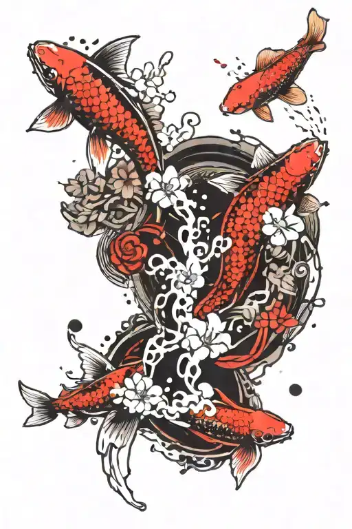 flowing river them with koi at top blending into evil siren guarding treasure with a feature black lotus at bottom tattoo design idea