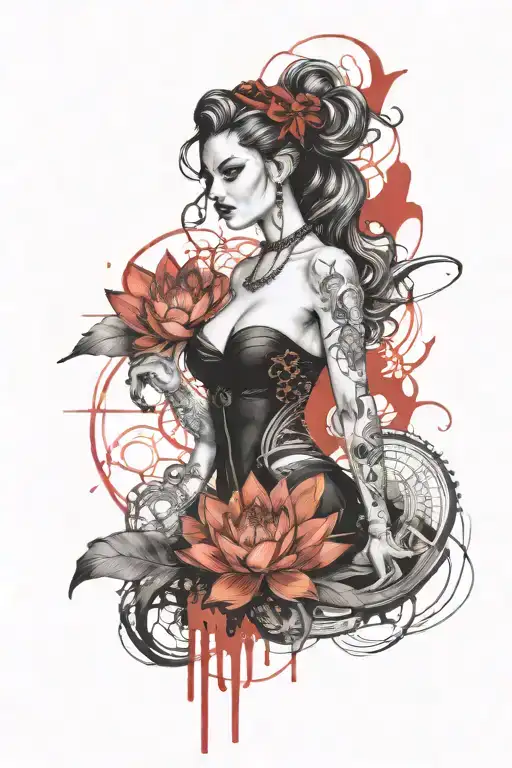 beautiful evil siren guarding treasure with black lotus  tattoo design idea