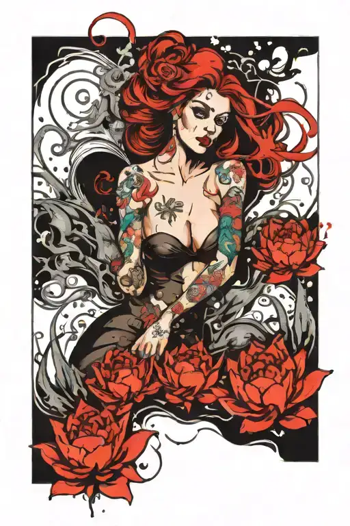 evil mermaid guarding treasure with black lotus tattoo design idea