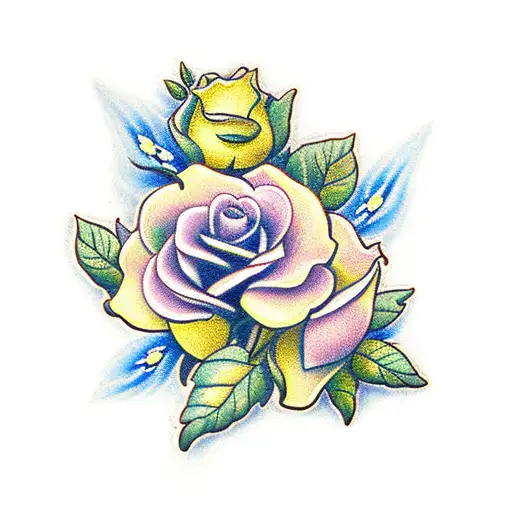 yellow roses, forget-me-nots, butterflies and hearts tattoo design idea
