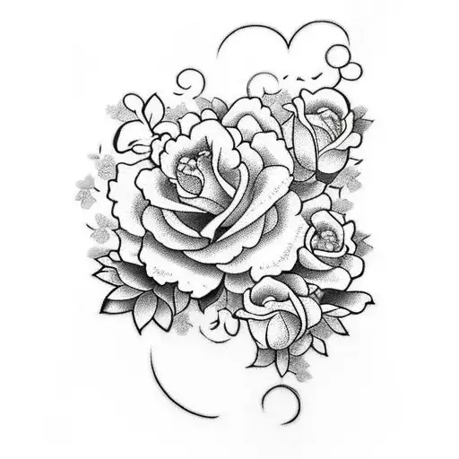 yellow roses wirh forget-me-nots, butterflies and hearts tattoo design idea