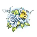 yellow roses, forget-me-nots, butterflies and hearts tattoo design idea