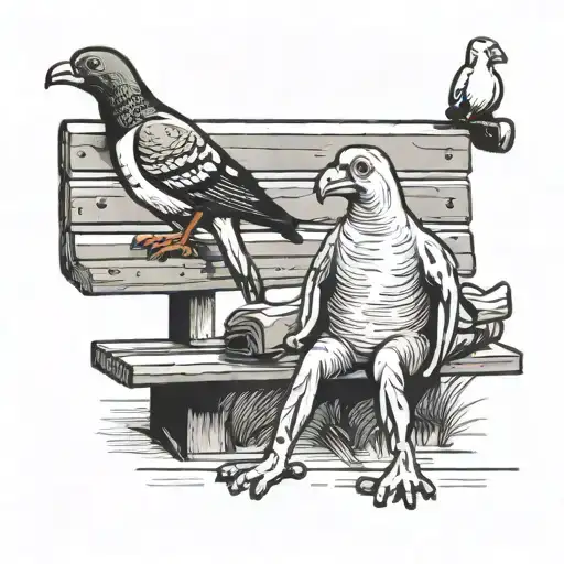 funny pigeon and confused frog sitting on a bench  tattoo design idea