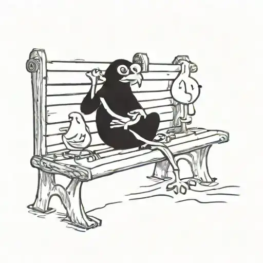 funny pigeon and confused frog sitting on a bench  tattoo design idea