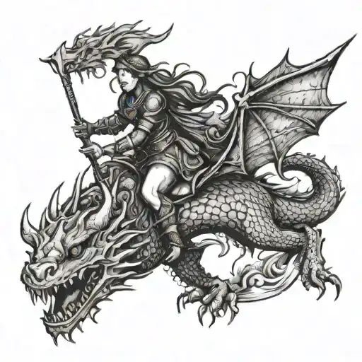A feminist warrior queen riding a lemon-shaped dragon through a medieval landscape tattoo design idea