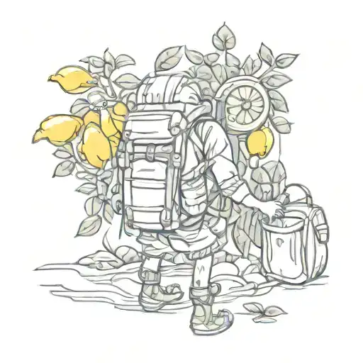 An adventurous explorer with a backpack full of lemons, ready to embark on a journey to unknown lands tattoo design idea