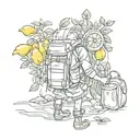 An adventurous explorer with a backpack full of lemons, ready to embark on a journey to unknown lands tattoo design idea