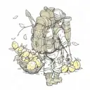 An adventurous explorer with a backpack full of lemons, ready to embark on a journey to unknown lands tattoo design idea