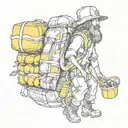 An adventurous explorer with a backpack full of lemons, ready to embark on a journey to unknown lands tattoo design idea