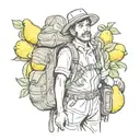 An adventurous explorer with a backpack full of lemons, ready to embark on a journey to unknown lands tattoo design idea