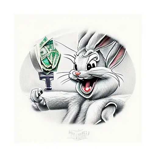 Bugs Bunny, money, dollars, gun, pistol, spliff tattoo design idea