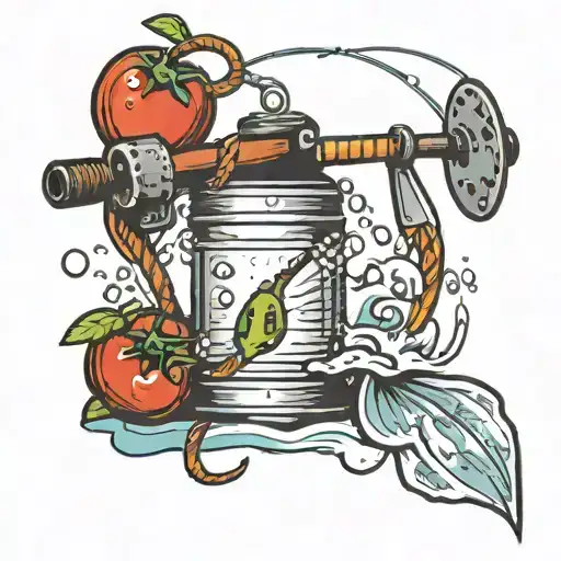 Tattoo style artwork of a fishing pole with a bobber that is a can to campbell's tomato soup in the water tattoo design idea