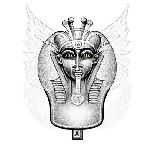 mask made with the eyes of horus and ra eye symbol, nose is an ankh and the mouth is nefertiti with wings tattoo design idea
