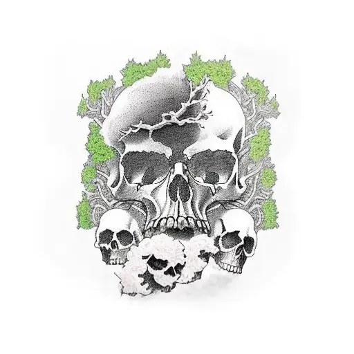 full arm with pile of skulls, an oak tree, birds and image representing war tattoo design idea