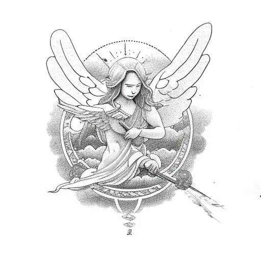sleeve tattoo sun shining , Greek angels with wings surrounded by clouds, mountains, and a cherry blossom tree tattoo design idea