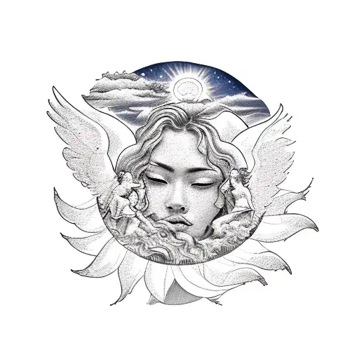 sun shining over the shoulder, Greek angels with wings surrounded by clouds, mountains, and a cherry blossom tree tattoo design idea