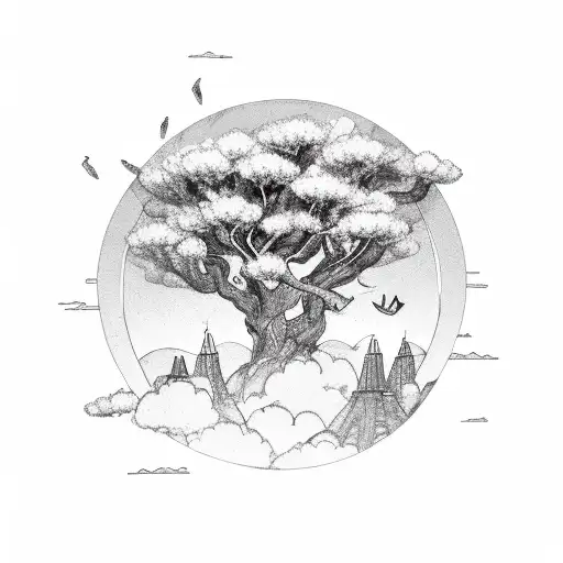 sun shining over the shoulder, Greek angels with wings surrounded by clouds, mountains, and a cherry blossom tree tattoo design idea