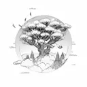 sun shining over the shoulder, Greek angels with wings surrounded by clouds, mountains, and a cherry blossom tree tattoo design idea