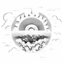 sun shining over the shoulder, Greek angels with wings surrounded by clouds, mountains, and a cherry blossom tree tattoo design idea