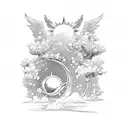 sun shining over the shoulder, Greek angels with wings surrounded by clouds, mountains, and a cherry blossom tree tattoo design idea