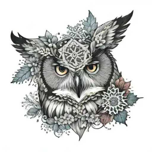 owls head with a snowflake coming out of its head, mandala surrounding it tattoo design idea
