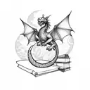 A dragon curled around a stack of books, with the moon and stars shining above tattoo design idea