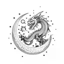 A dragon curled around a stack of books, with the moon and stars shining above tattoo design idea