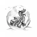 A dragon curled around a stack of books, with the moon and stars shining above tattoo design idea