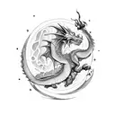 A dragon curled around a stack of books, with the moon and stars shining above tattoo design idea