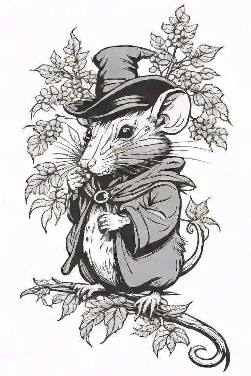 An Anthropomorphic Wizard rat with hat Surrounded By plants  tattoo design idea