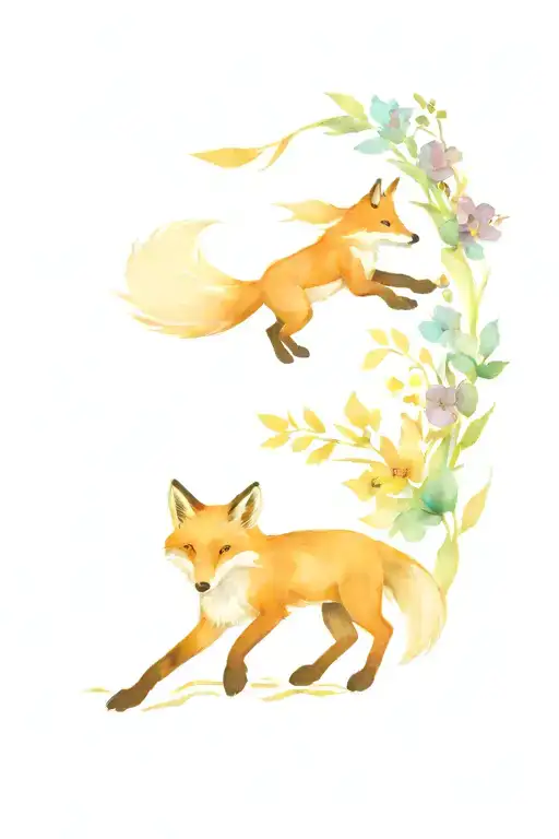 a fox jumping and a raven and flowers tattoo design idea
