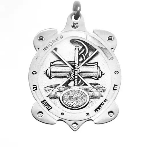 dogtags hanging from a 155mm howitzer round, with nordic axes crossed behind it tattoo design idea