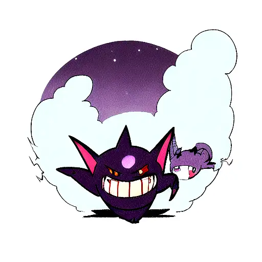 A dynamic scene of Gengar battling with Shadow Ball in a full moon night sky circle tattoo design idea