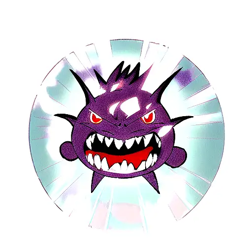 A dynamic scene of Gengar battling with Shadow Ball in a full moon night sky circle, in a new-school style tattoo design idea