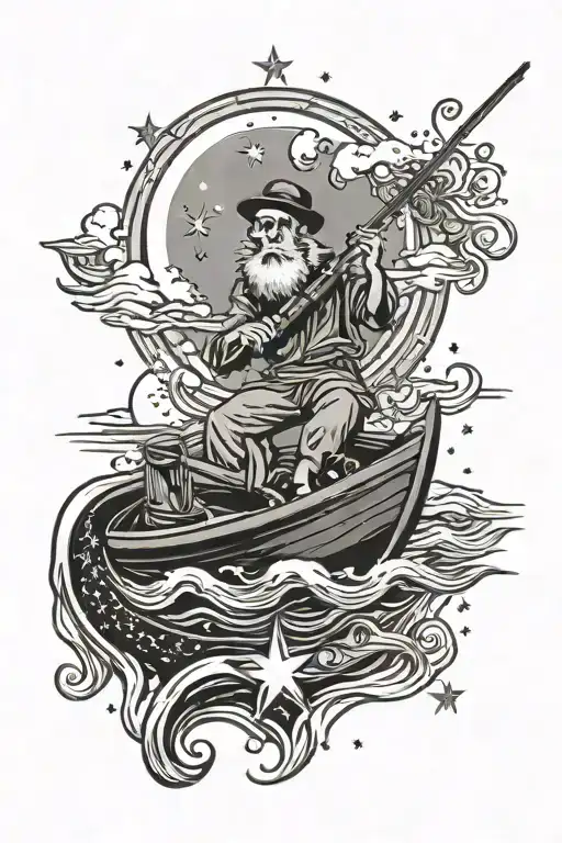 guy on cresent moon fishing for stars while death looks up from the ocean in a boat  tattoo design idea