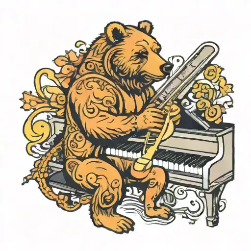 A neotraditional tattoo of a bear playing the piano while surrounded by dancers tattoo design idea
