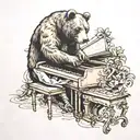 A neotraditional tattoo of a bear playing the piano while surrounded by dancers tattoo design idea